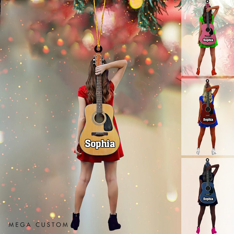 Personalized Girl Guitar Player and Guitarist Ornament and Gift for Guitar Lovers and Gift for Guitarist and Custom Name on Guitar and Christmas Music Lover