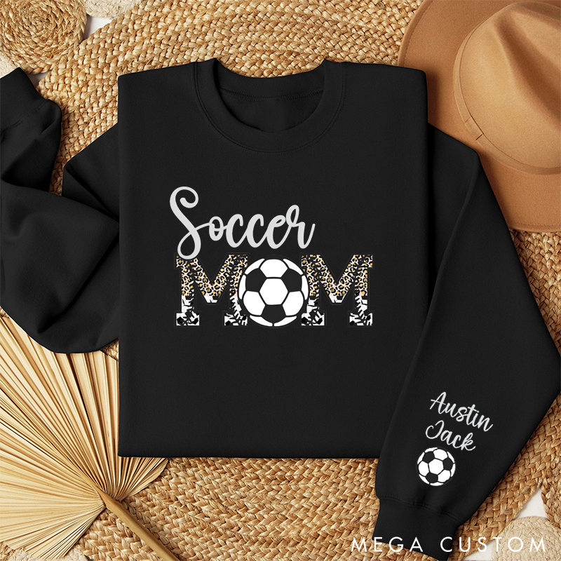Personalized Soccer Mom Sweatshirt with Custom Names, Soccer Ball Detail, and Stylish Leopard Print Design
