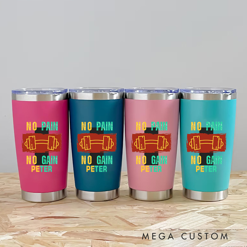 Personalized Fitness Tumbler Coffee Stainless Steel Tumbler with No Pain No Gain Design Dumbbell Graphic for Fitness Enthusiasts Bodybuilders and Gym Lovers