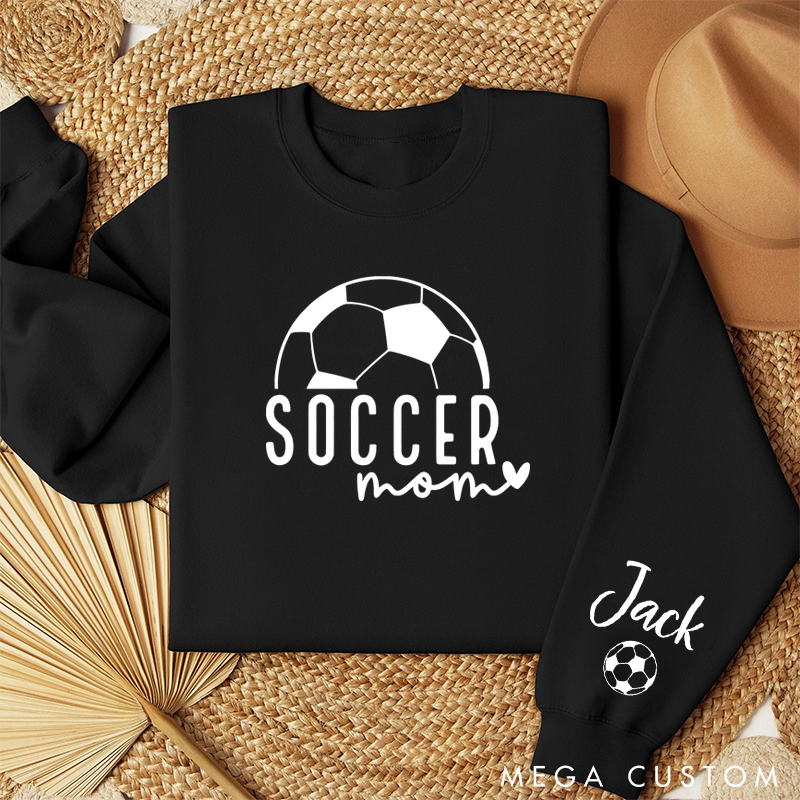Personalized Pink Soccer Mom Sweatshirt with Custom Name and Heart Graphic Design