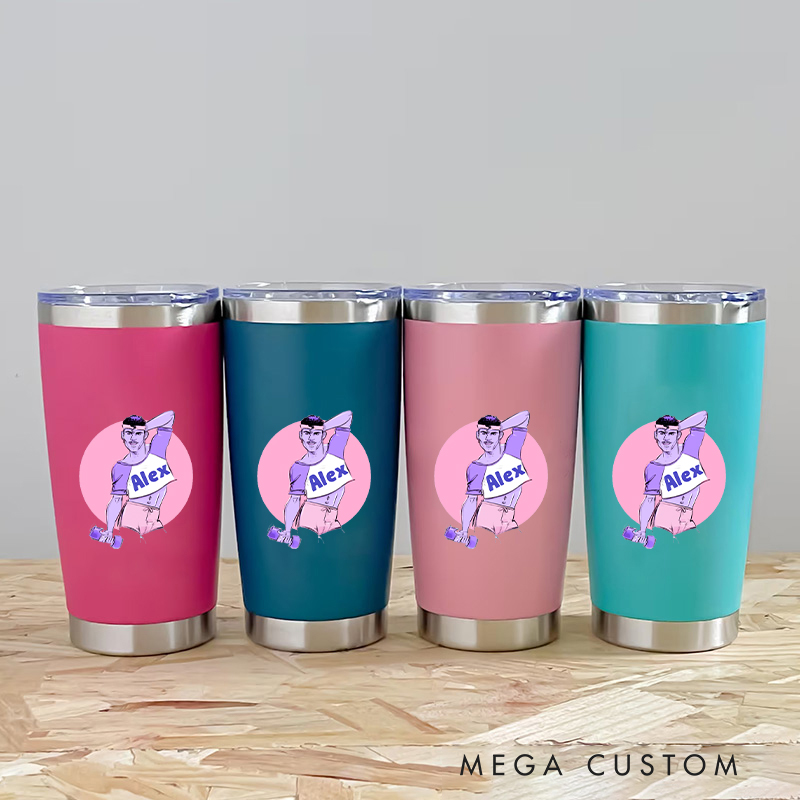 Personalized Fitness Tumbler Coffee Stainless Steel Tumbler with Playful Cartoon Fitness Character Design for Fitness Enthusiasts Bodybuilders and Gym Lovers