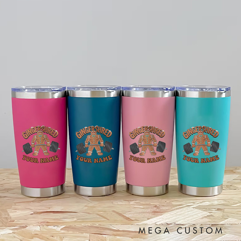 Personalized Fitness Tumbler Coffee Stainless Steel Tumbler with Gingerbread Man Lifting Dumbbells for Fitness Enthusiasts Bodybuilders and Gym Lovers