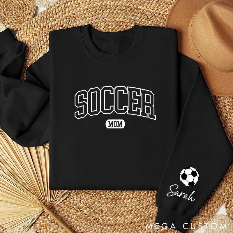Personalized Pink Soccer Mom Sweatshirt with Custom Name and Soccer Ball Design