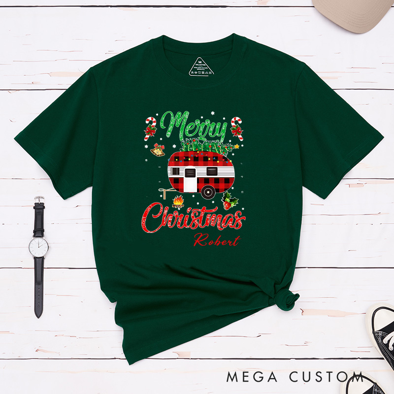 Personalized Plaid Camper Christmas T-Shirt Hiking Adventure Lover Shirt Christmas Gift for Outdoors 