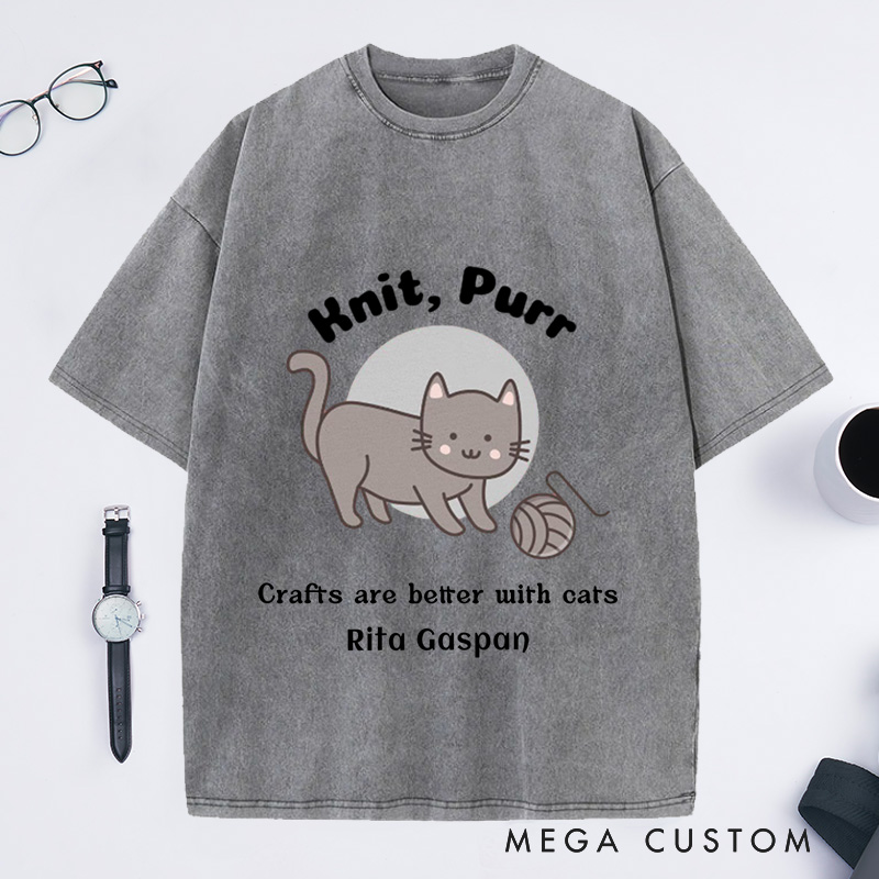 Personalized Funny Knitter Cat Washed T-Shirts Knitting T-Shirt Knitter T Shirt Knit Happens Crafts Kitty Lover Gift