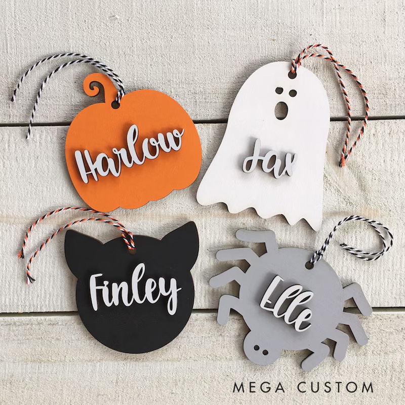 Personalized Wood Halloween Tags or Decor Pumpkin Ghost Cat or Spider Halloween Gift