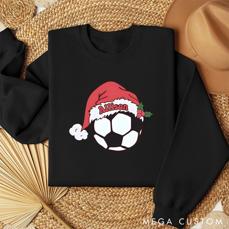 Personalized Christmas Soccer Sweatshirt with Custom Name and Festive Santa Hat Design