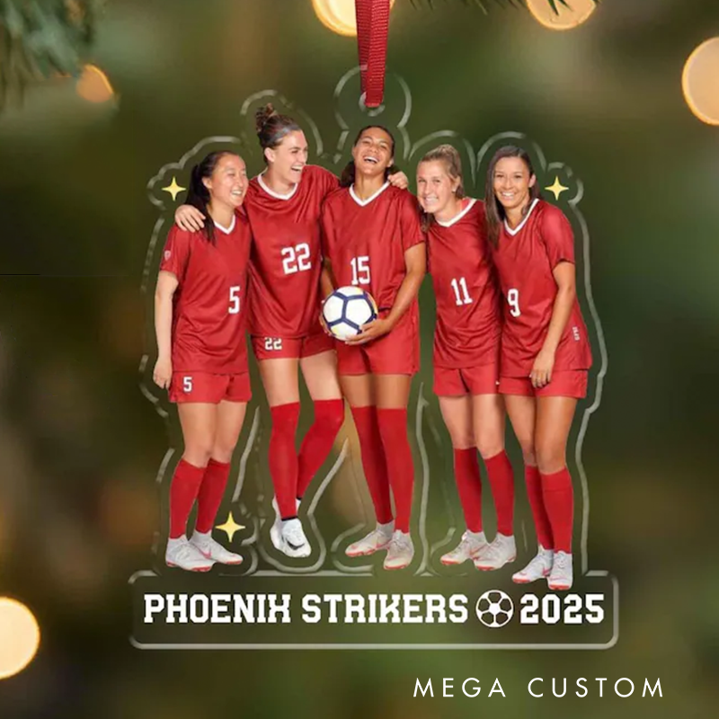 Personalized Soccer Team Photo Ornament with Custom Name and Year Design