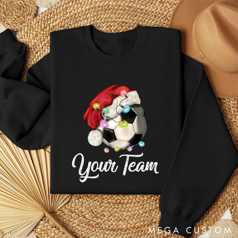 Personalized Christmas Soccer Sweatshirt with Custom Team Name and Festive Santa Hat Design