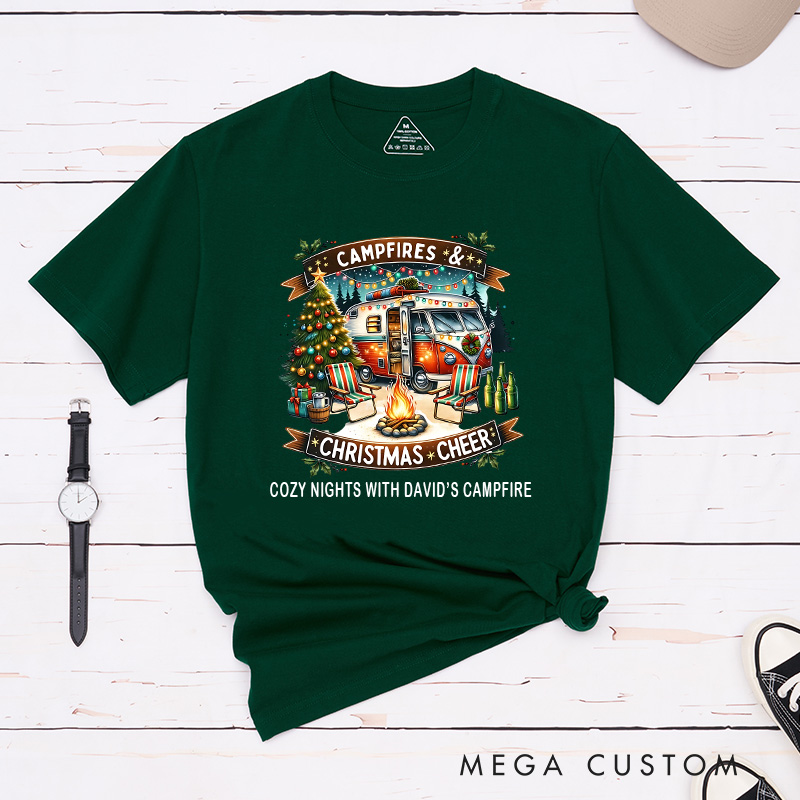 Personalized Campfires Christmas Cheer T-Shirt Merry Christmas Shirt Gift for Camping Outdoors Lover