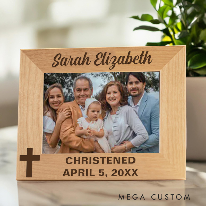 Personalized Christening Cross Wooden Picture Frame with Name and Date Religious Gift Christian Gift Christening Gift
