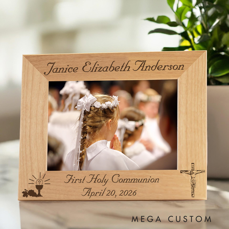 Personalized Cross First Holy Communion Wooden Picture Frame with Name and Date Religious Gift Christian Gift First Communion Gift