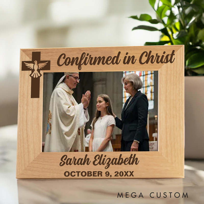 Personalized Cross Dove Confirmed in Christ Wooden Picture Frame with Name and Date Religious Gift Christian Gift Confirmation Gift