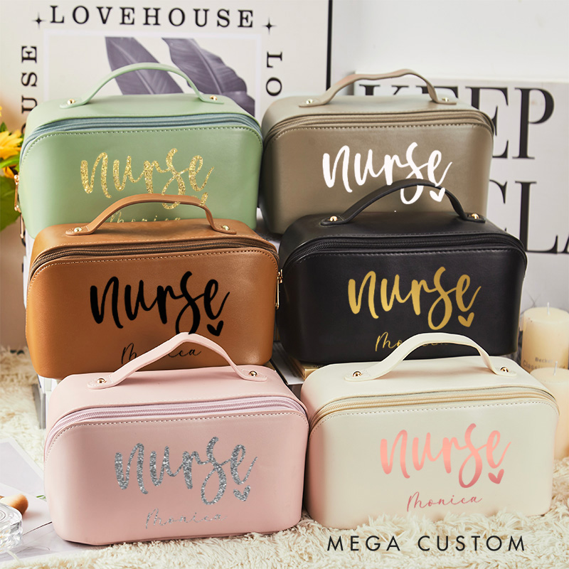 Personalized Leather Cosmetic Bag for Nurse Large Capacity Makeup Bag Leather Storage Organizer Gift