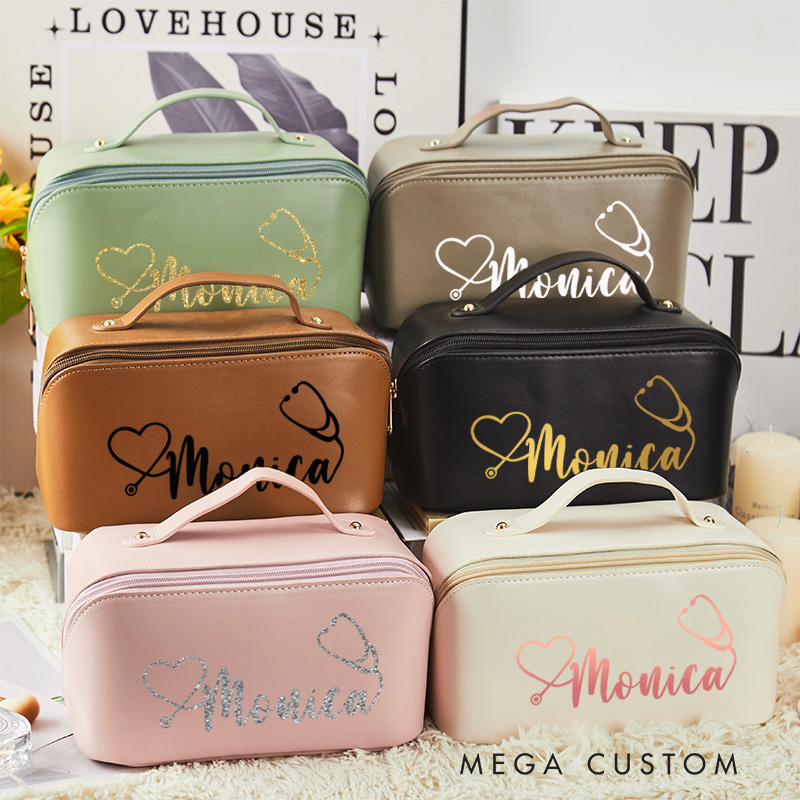 Personalized Leather Cosmetic Bag for Nurse Large Capacity Makeup Bag Leather Storage Organizer Gift