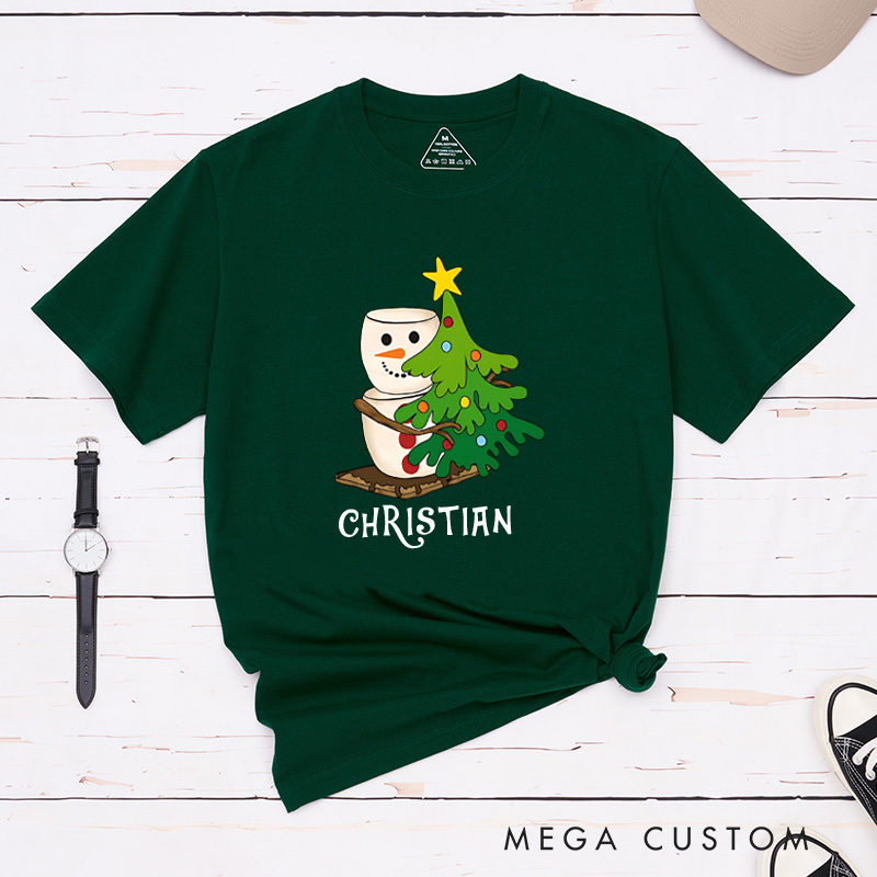 Personalized Marshmallow Snowman Hugging a Christmas Tree T-Shirt Christmas Camping Shirt Gift for Outdoor Hiking Lover