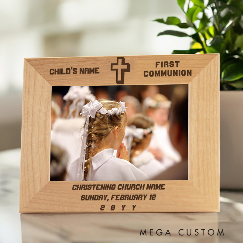 Personalized Elegant Modern First Communion Cross Wooden Picture Frame with Name Religious Gift Christian Gift First Communion Gift