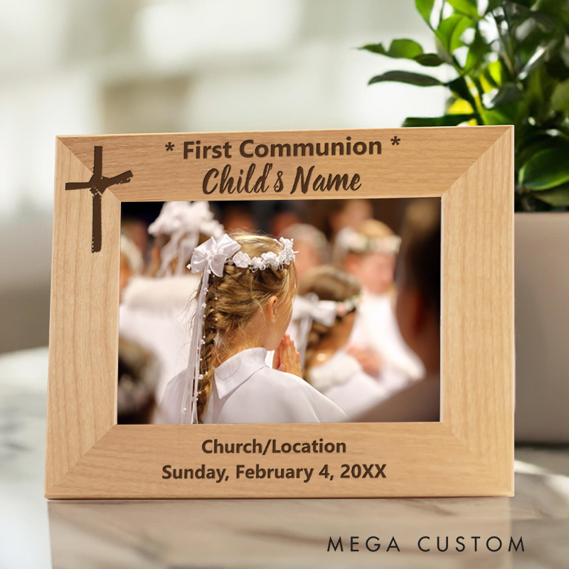 Personalized Elegant Orthodox Catholic Religious Cross Wooden Picture Frame with Name and Date Religious Gift First Communion Gift