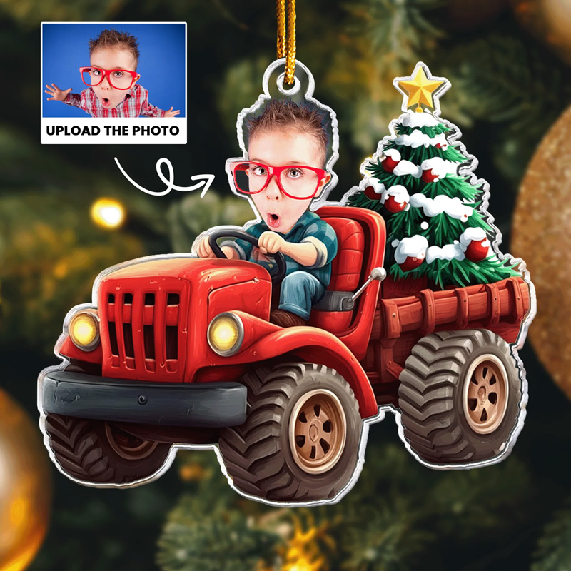 Personalized Kids Riding Red Truck with Christmas Tree Christmas Gift for Kids