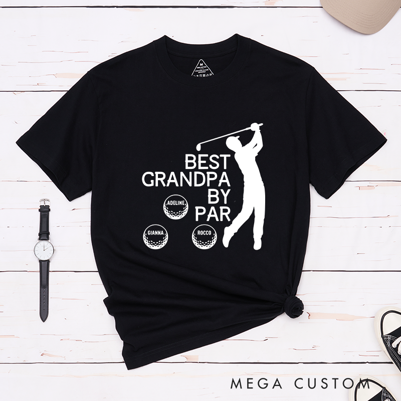 Personalized "Best Grandpa or Papa by Par" T-Shirt with Custom Grandkid Names, Perfect Gift for Golf-Loving Grandpas and Papas