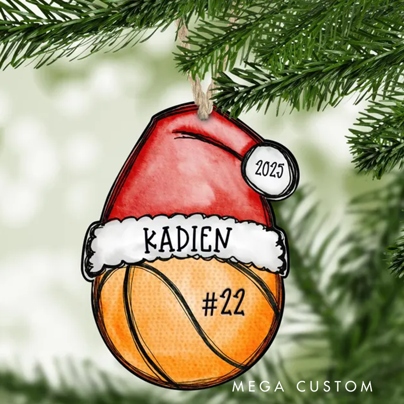 Personalized Basketball Acrylic Christmas Ornament with Santa Hat, Custom Name, Number, and Year Design