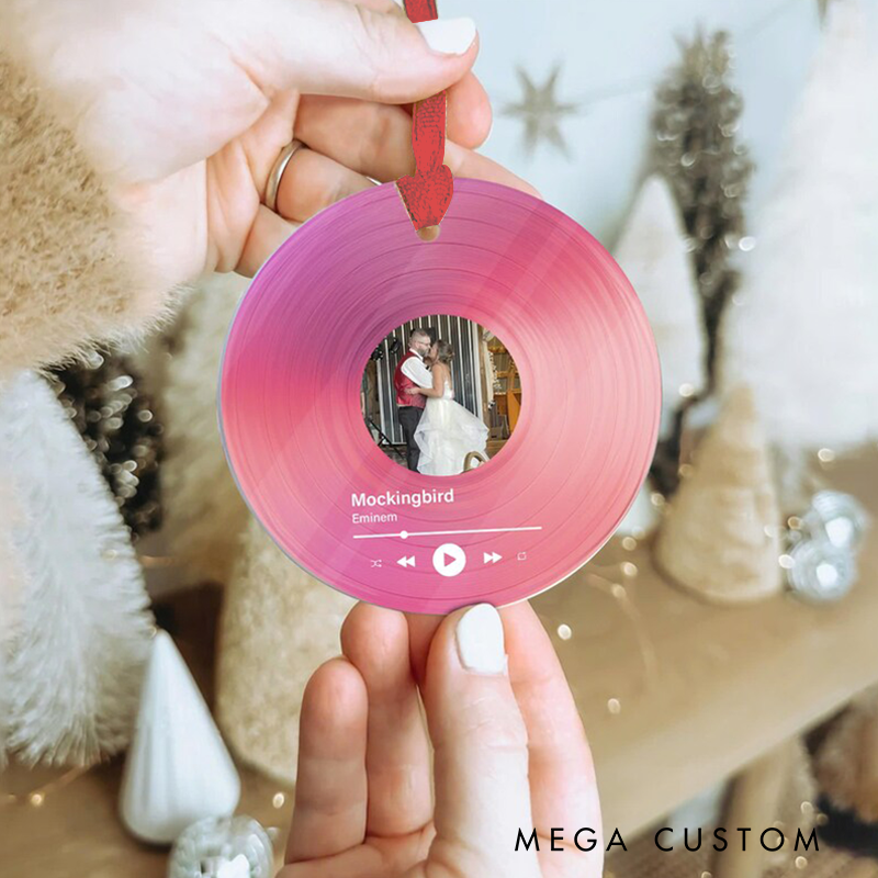 Personalized Vinyl Record Photo Ornament and Acrylic Song Plaque and Couples Christmas Ornament