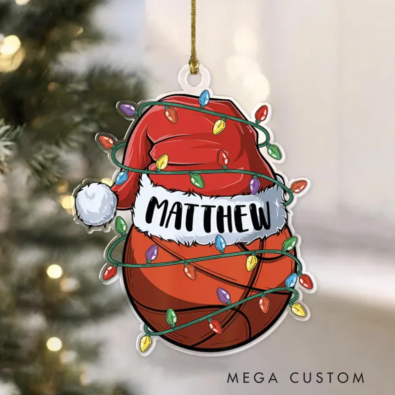 Personalized Basketball Acrylic Christmas Ornament with Santa Hat, Custom Name, and Festive Lights Design