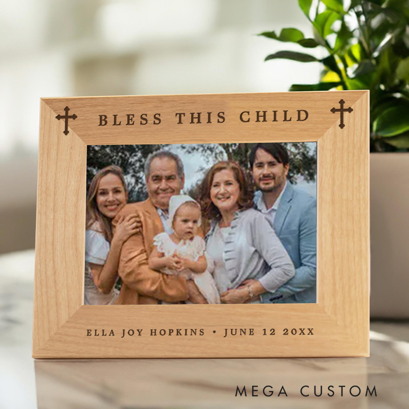 Personalized Bless This Child Cross Religious Wooden Picture Frame with Name and Date Religious Gift Christian Faith Gift