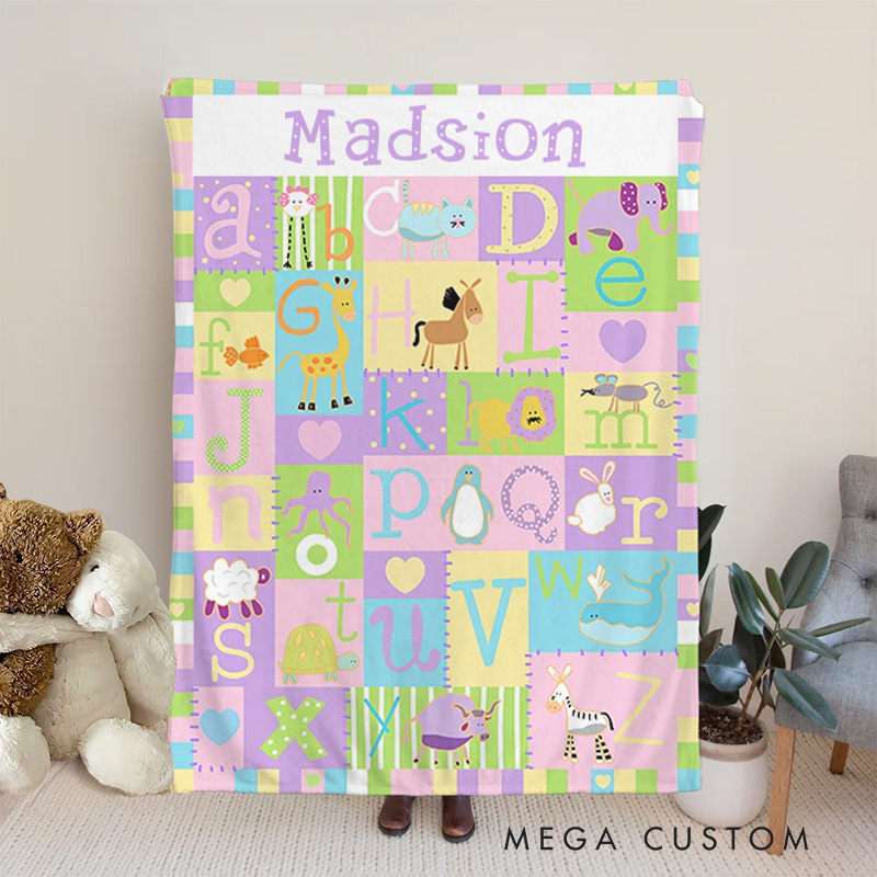 Personalized Cartoon Animal Alphabet Color Block Stitching Soft Throw Blanket with Name Home Decor Birthday 