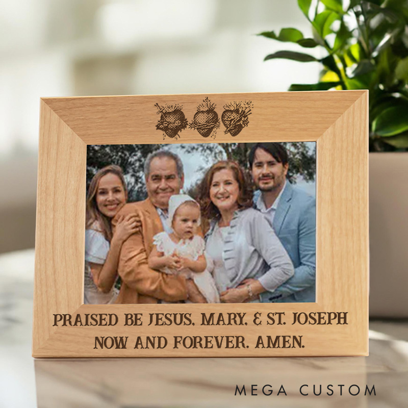 Personalized Sacred Hearts Jesus Mary St Joseph Religious Wooden Picture Frame Religious Gift Christian Faith Gift