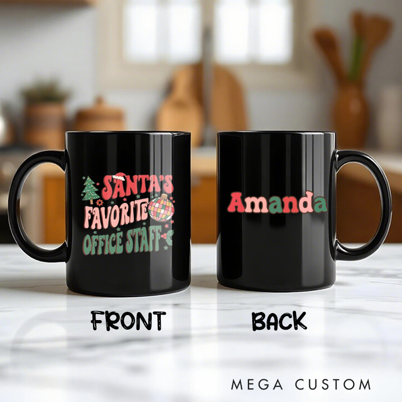 Personalized Office Worker Mug Gift Santa's Favorite Office Staff with Christmas Trees Stars and Santa Hat Mug Appreciation Gift for Coworkers