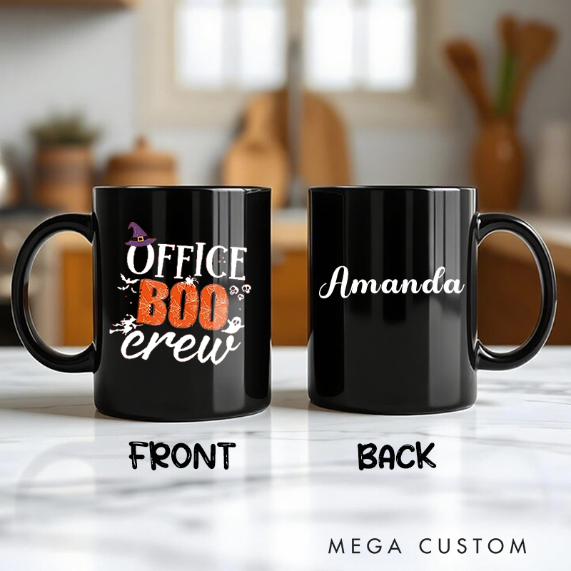 Personalized Office Worker Mug Gift Office Boo Crew with Bats Spiderweb and Spider Halloween Elements Mug Appreciation Gift for Coworkers