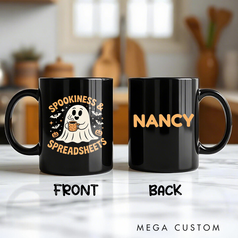 Personalized Office Worker Mug Gift Spookiness and Spreadsheets with a Cute Ghost Holding a Coffee Mug Halloween Elements Mug Gift for Coworkers
