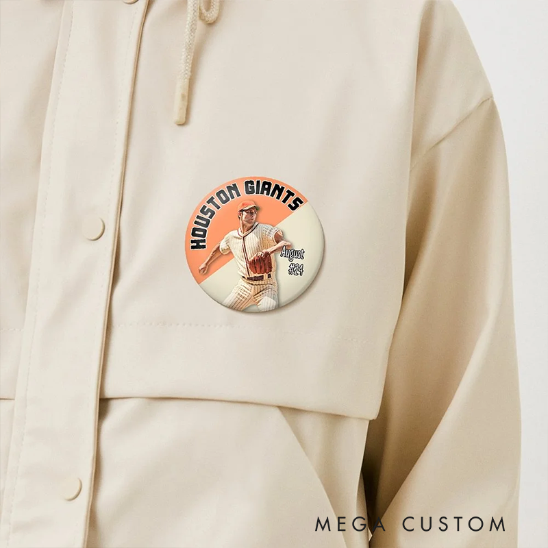 Personalized Baseball Button Pin with Custom Team Name, Player Name, Image, and Number Design
