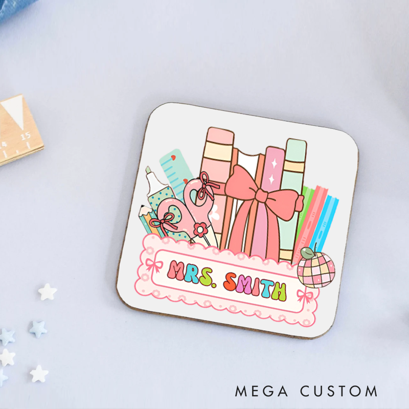 Personalized Coasters for Teachers Cute Book Pencil Bow Appreciation Gift for Teachers