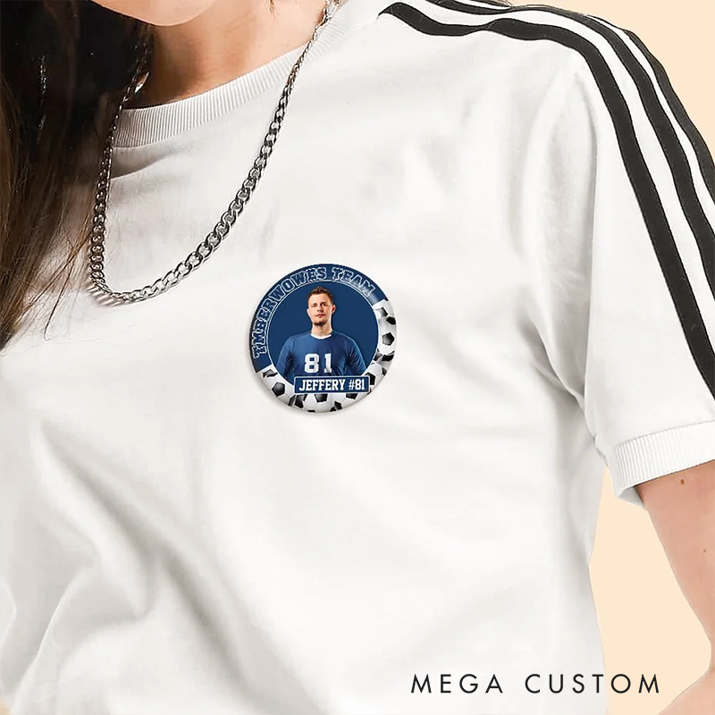 Personalized Soccer Button Pin with Custom Team Name, Player Name, Photo, and Number Design