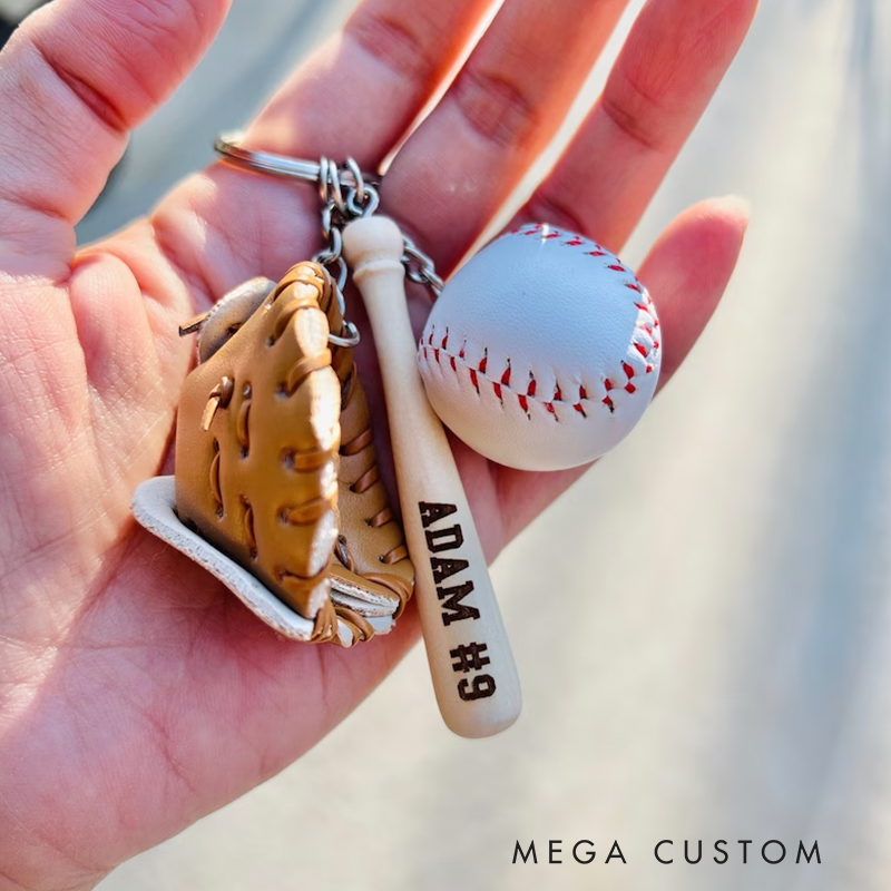 Personalized Baseball Keychain with Custom Name, Number, Glove, Bat, and Ball Charms