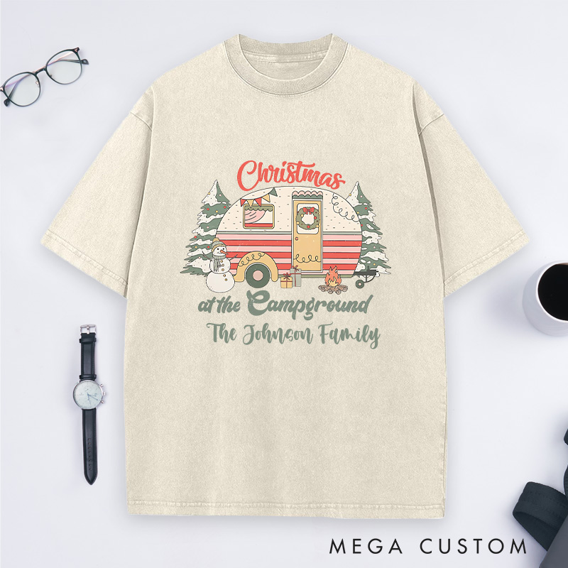 Personalized Christmas at the Campground Washed T-Shirt Camping Christmas T-Shirt Gift for Outdoor Hiking Lover