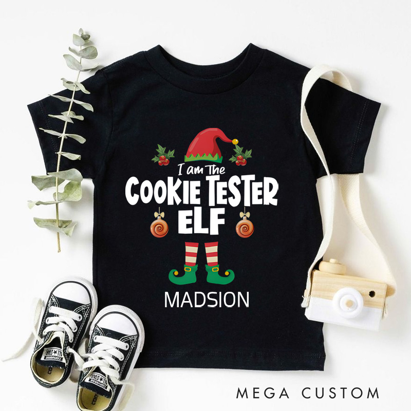 Personalized Cookie Tester Elf Matching Christmas Name Kids T-Shirt