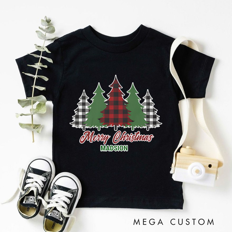 Personalized Rustic Red Plaid Merry Christmas Trees Kids T-Shirt