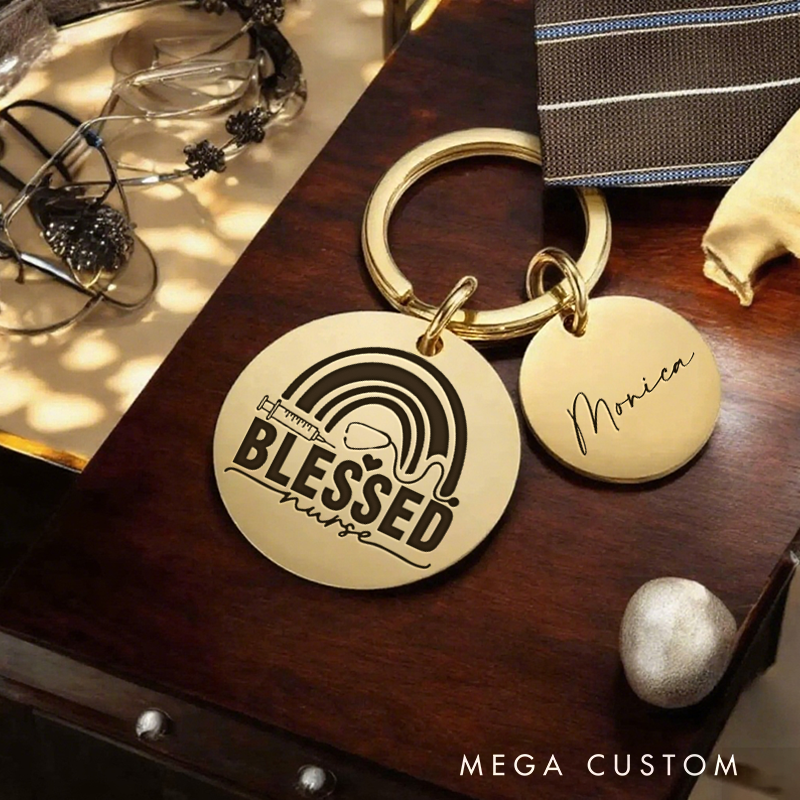 Personalized Nurse Stainless Steel Keychain Engraved Keychain Gift for Nurse Blessed Nurse Design Keychain