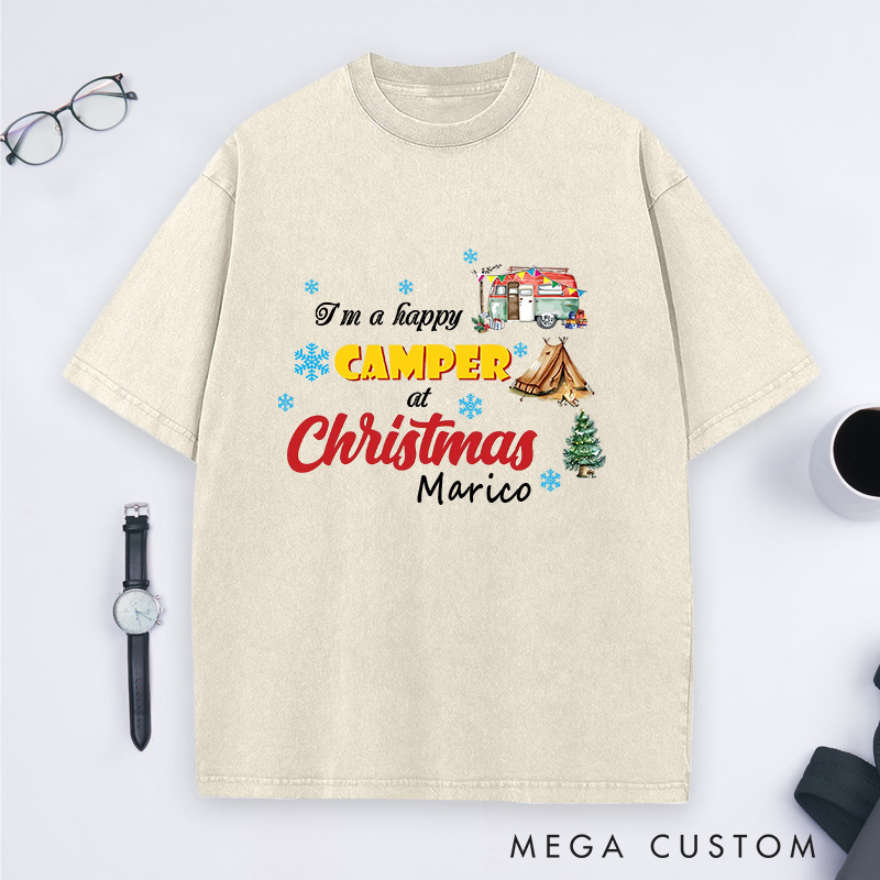 Personalized Christmas Camping Washed T-Shirt Hiking Adventure Lover T-Shirt for Outdoors Christmas Gift 