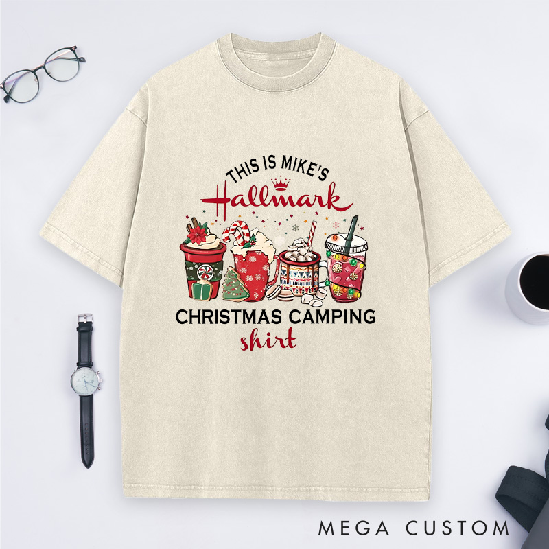 Personalized Christmas Camping Washed T-Shirt Holiday Spirit Shirt Gift for Outdoor Hiking Lover