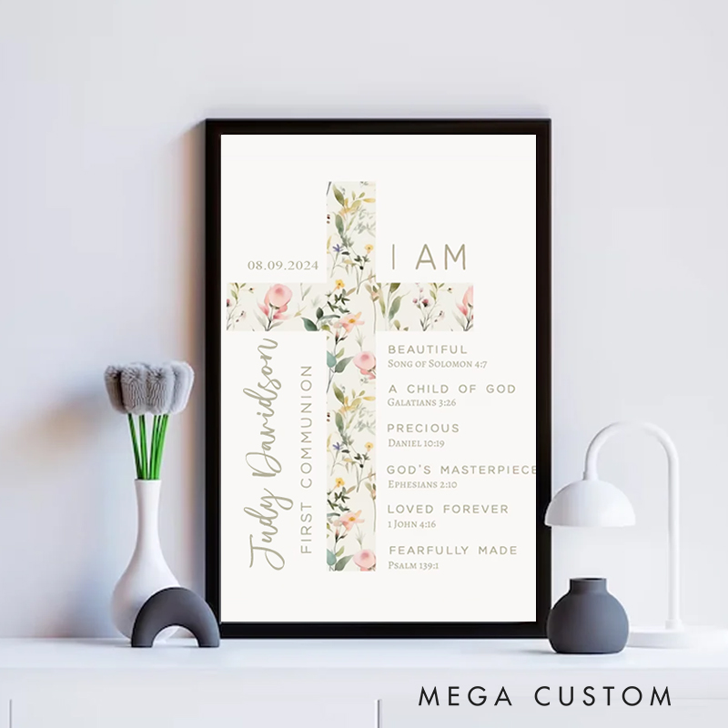 Personalized Cross Flower Bible Verse Framed Painting with Name and Text Wall Decor First Communion Gift for Girls