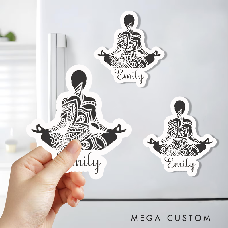 Personalized Refrigerator Magnets with Yoga Meditation and Mandala Design Perfect Gift for Yoga Lover