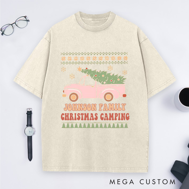 Personalized Family Christmas Camping Washed T-Shirt Outdoor Adventure Shirt Christmas Gift for Hiking Lover