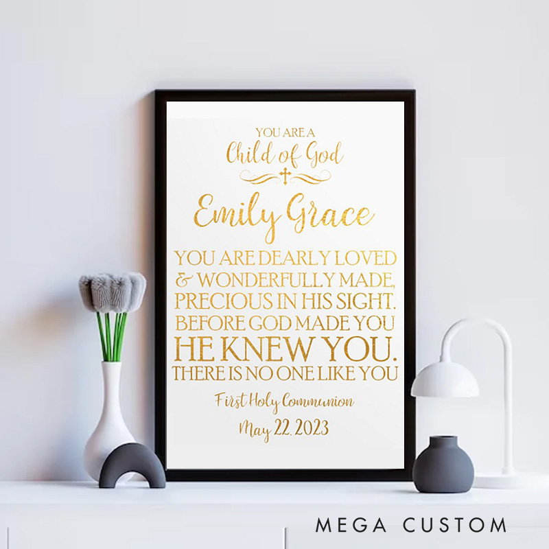 Personalized You Are a Child of God Gold Cross Framed Canvas Painting with Name and Date Wall Decor Christening Gift Religious Gift