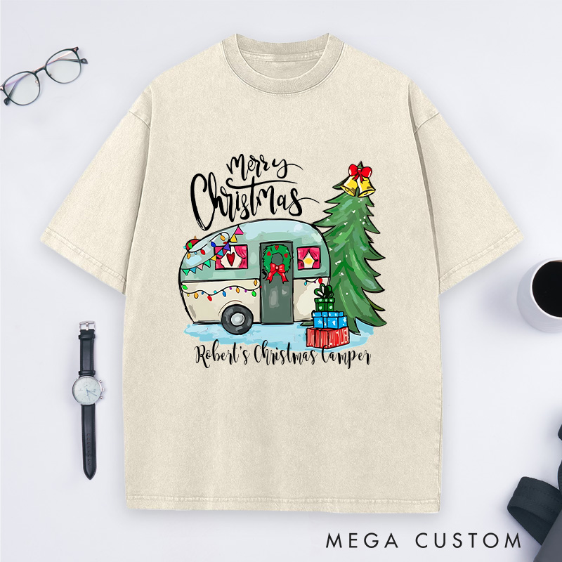 Personalized Camper Christmas Washed T-Shirt Hiking Outdoors Lover T-Shirt Christmas Gift