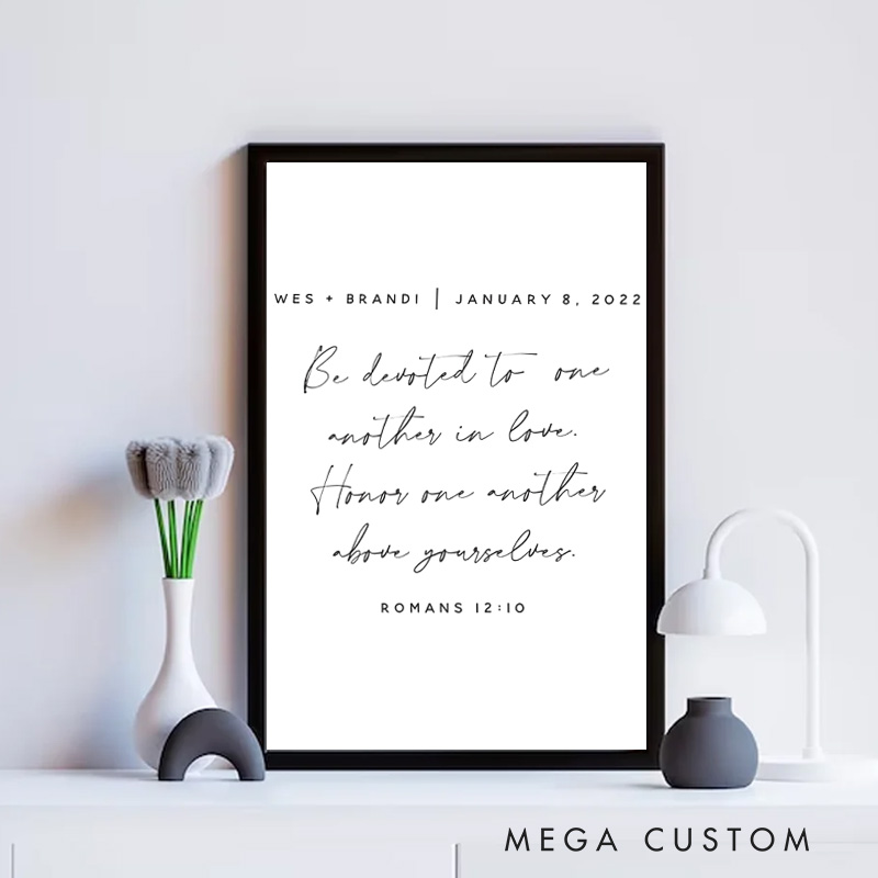 Personalized Romans 12:10 Bible Verse Framed Canvas Painting with Name and Date Religious Wall Art Gift Wedding Gift