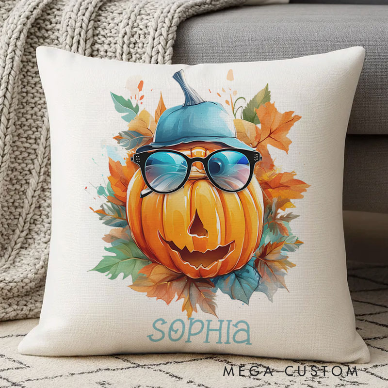 Personalized Cool Pumpkin Character with Glasses Name Halloween Pillows for Fun Seasonal Decor